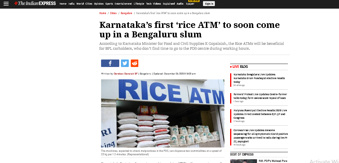IndianExpress run an article about the launching of rice atm in india (photo: captured) 